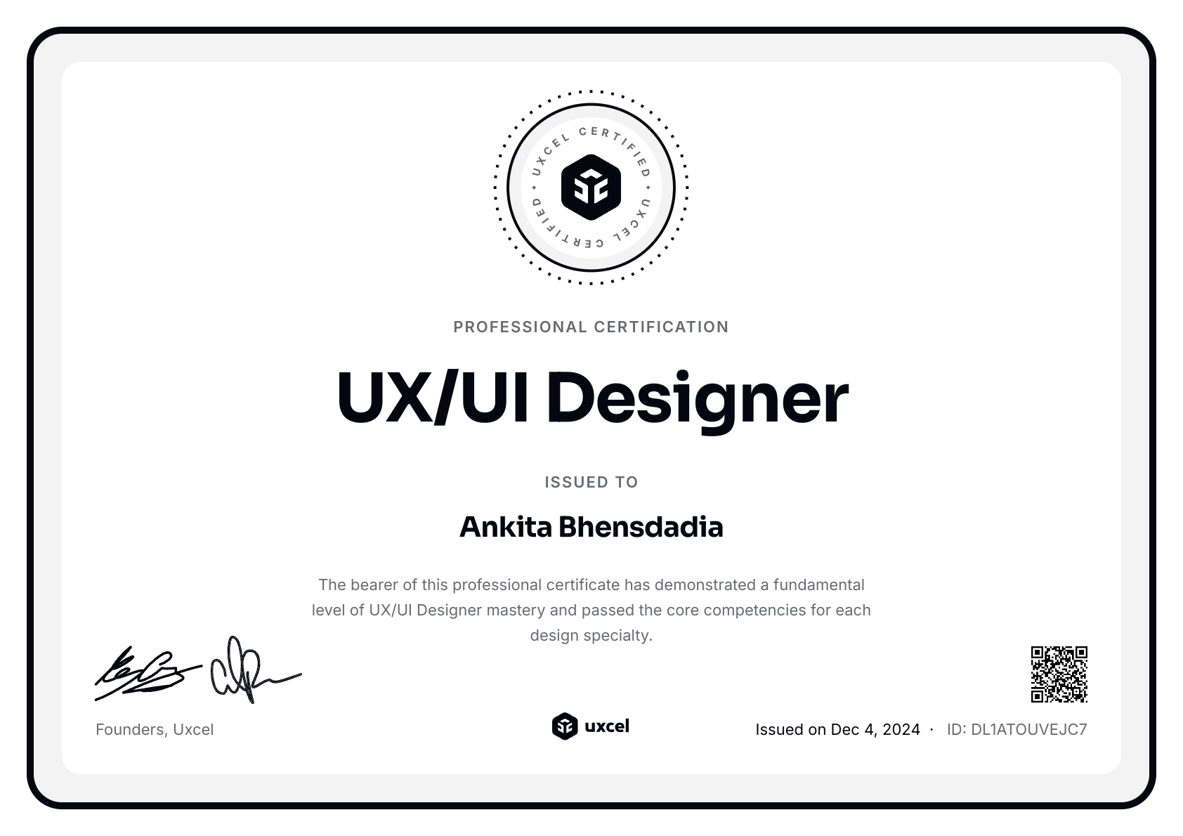Ankita Bhensdadia's certificate